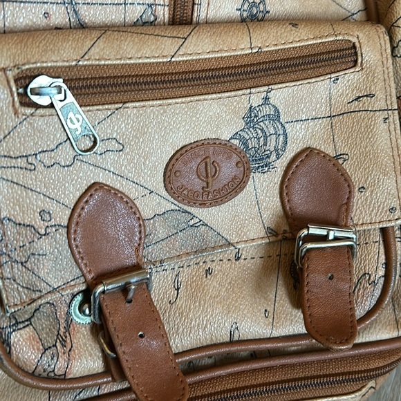 Vintage 90s Antique World Map Backpack Faux Leather 5 Pockets Tan Brown - Picture 14 of 15